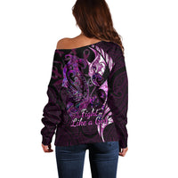 Personalised New Zealand Breast Cancer Off Shoulder Sweater Fight Like A Girl Pink Manaia Fern With Paua Shell LT14 - Polynesian Pride