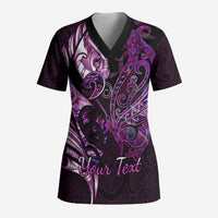 Personalised New Zealand Breast Cancer Scrub Top Fight Like A Girl Pink Manaia Fern With Paua Shell - Polynesian Pride
