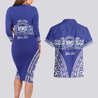 Personalised Queen Salote College Couples Matching Long Sleeve Bodycon Dress and Hawaiian Shirt Kolisi Fefine 100th Anniversary Kupesi Blue - Polynesian Pride