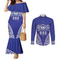 Personalised Queen Salote College Couples Matching Mermaid Dress and Long Sleeve Button Shirt Kolisi Fefine 100th Anniversary Kupesi Blue - Polynesian Pride
