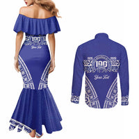 Personalised Queen Salote College Couples Matching Mermaid Dress and Long Sleeve Button Shirt Kolisi Fefine 100th Anniversary Kupesi Blue - Polynesian Pride