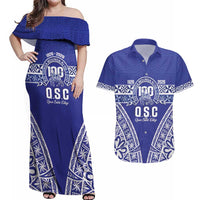Personalised Queen Salote College Couples Matching Off Shoulder Maxi Dress and Hawaiian Shirt Kolisi Fefine 100th Anniversary Kupesi Blue - Polynesian Pride