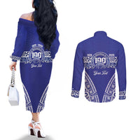 Personalised Queen Salote College Couples Matching Off The Shoulder Long Sleeve Dress and Long Sleeve Button Shirt Kolisi Fefine 100th Anniversary Kupesi Blue - Polynesian Pride