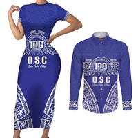 Personalised Queen Salote College Couples Matching Short Sleeve Bodycon Dress and Long Sleeve Button Shirt Kolisi Fefine 100th Anniversary Kupesi Blue - Polynesian Pride