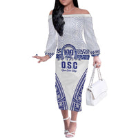 Personalised Queen Salote College Family Matching Off The Shoulder Long Sleeve Dress and Hawaiian Shirt Kolisi Fefine 100th Anniversary Kupesi White - Polynesian Pride