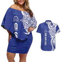Personalised Queen Salote College Couples Matching Off Shoulder Short Dress and Hawaiian Shirt QSC Est 1926 Ngatu Pattern - Polynesian Pride
