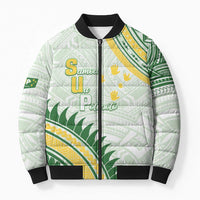 Personalised Samoa Ua Potopoto Bomber Puffer Jacket SUP Est 2025 Samoan Pattern LT14 Unisex White - Polynesian Pride