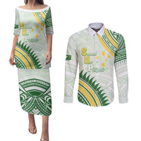 Personalised Samoa Ua Potopoto Couples Matching Puletasi and Long Sleeve Button Shirt SUP Est 2025 Samoan Pattern LT14 White - Polynesian Pride