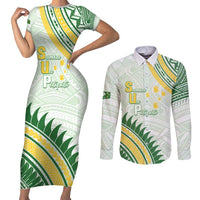 Personalised Samoa Ua Potopoto Couples Matching Short Sleeve Bodycon Dress and Long Sleeve Button Shirt SUP Est 2025 Samoan Pattern LT14 White - Polynesian Pride