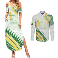 Personalised Samoa Ua Potopoto Couples Matching Summer Maxi Dress and Long Sleeve Button Shirt SUP Est 2025 Samoan Pattern LT14 White - Polynesian Pride