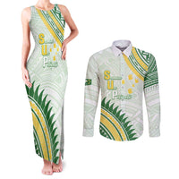 Personalised Samoa Ua Potopoto Couples Matching Tank Maxi Dress and Long Sleeve Button Shirt SUP Est 2025 Samoan Pattern LT14 White - Polynesian Pride