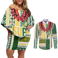 Samoa Uniting Party Couples Matching Off Shoulder Short Dress and Long Sleeve Button Shirt SUP Est 2025 Siapo Pattern LT14 White - Polynesian Pride