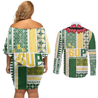 Samoa Uniting Party Couples Matching Off Shoulder Short Dress and Long Sleeve Button Shirt SUP Est 2025 Siapo Pattern LT14 - Polynesian Pride