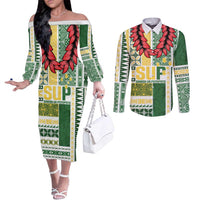 Samoa Uniting Party Couples Matching Off The Shoulder Long Sleeve Dress and Long Sleeve Button Shirt SUP Est 2025 Siapo Pattern LT14 White - Polynesian Pride