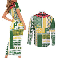 Samoa Uniting Party Couples Matching Short Sleeve Bodycon Dress and Long Sleeve Button Shirt SUP Est 2025 Siapo Pattern LT14 - Polynesian Pride