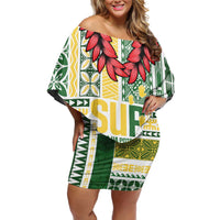 Samoa Uniting Party Family Matching Off Shoulder Short Dress and Hawaiian Shirt SUP Est 2025 Siapo Pattern - Polynesian Pride