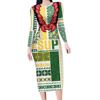 Samoa Uniting Party Long Sleeve Bodycon Dress SUP Est 2025 Siapo Pattern - Polynesian Pride