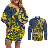 Personalised Niue Peniamina Gospel Day Couples Matching Off Shoulder Short Dress and Long Sleeve Button Shirts Unique Niean Hiapo LT14 Blue - Polynesian Pride