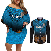 Custom Fiji Tapa Rugby Couples Matching Off Shoulder Short Dress and Long Sleeve Button Shirts Pacific 2023 Go Fijian Bati LT14 Blue - Polynesian Pride