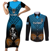 Custom Fiji Tapa Rugby Couples Matching Short Sleeve Bodycon Dress and Long Sleeve Button Shirts Pacific 2023 Go Fijian Bati LT14 Blue - Polynesian Pride
