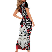 Personalised New Zealand Christmas Short Sleeve Bodycon Dress Meri Kirihimete Maori Wheku - Taniko Art