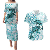 Polynesia Dolphins Couples Matching Puletasi and Hawaiian Shirt Valentine Day Floral Polynesian - Vintage Dark Cyan LT14 Dark Cyan - Polynesian Pride