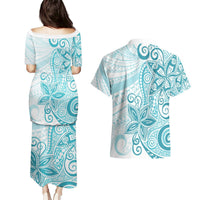Polynesia Dolphins Couples Matching Puletasi and Hawaiian Shirt Valentine Day Floral Polynesian - Vintage Dark Cyan LT14 - Polynesian Pride