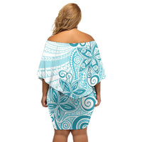Polynesia Dolphins Off Shoulder Short Dress Valentine Day Floral Polynesian - Vintage Dark Cyan LT14 - Polynesian Pride