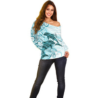 Polynesia Dolphins Off Shoulder Sweater Valentine Day Floral Polynesian - Vintage Dark Cyan LT14 - Polynesian Pride