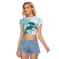 Polynesia Dolphins Raglan Cropped T Shirt Valentine Day Floral Polynesian - Vintage Dark Cyan LT14 Female Dark Cyan - Polynesian Pride