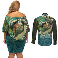 Aotearoa Tangaroa Atua Couples Matching Off Shoulder Short Dress and Long Sleeve Button Shirt New Zealand God Of The Ocean