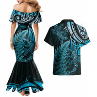 New Zealand Lizard Couples Matching Mermaid Dress and Hawaiian Shirt Silver Fern Aotearoa Maori Blue Version LT14 - Polynesian Pride
