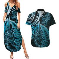 New Zealand Lizard Couples Matching Summer Maxi Dress and Hawaiian Shirt Silver Fern Aotearoa Maori Blue Version