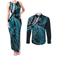 New Zealand Lizard Couples Matching Tank Maxi Dress and Long Sleeve Button Shirt Silver Fern Aotearoa Maori Blue Version