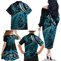 New Zealand Lizard Family Matching Off The Shoulder Long Sleeve Dress and Hawaiian Shirt Silver Fern Aotearoa Maori Blue Version
