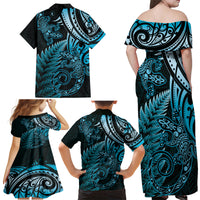 New Zealand Lizard Family Matching Off Shoulder Maxi Dress and Hawaiian Shirt Silver Fern Aotearoa Maori Blue Version