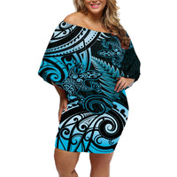 New Zealand Lizard Off Shoulder Short Dress Silver Fern Aotearoa Maori Blue Version LT14 Women Blue - Polynesian Pride