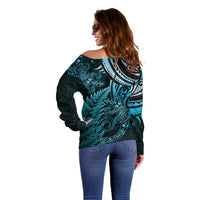 New Zealand Lizard Off Shoulder Sweater Silver Fern Aotearoa Maori Blue Version