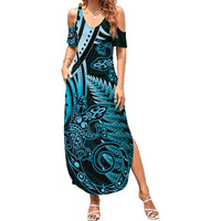 New Zealand Lizard Summer Maxi Dress Silver Fern Aotearoa Maori Blue Version LT14 Women Blue - Polynesian Pride