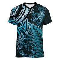 New Zealand Lizard Women V Neck T Shirt Silver Fern Aotearoa Maori Blue Version
