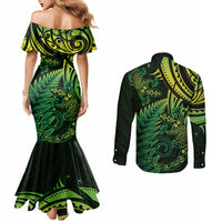 New Zealand Lizard Couples Matching Mermaid Dress and Long Sleeve Button Shirt Silver Fern Aotearoa Maori Green Version