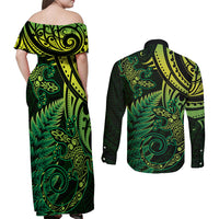 New Zealand Lizard Couples Matching Off Shoulder Maxi Dress and Long Sleeve Button Shirt Silver Fern Aotearoa Maori Green Version