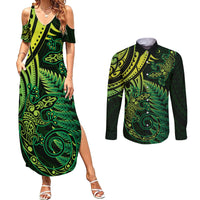New Zealand Lizard Couples Matching Summer Maxi Dress and Long Sleeve Button Shirt Silver Fern Aotearoa Maori Green Version LT14 Green - Polynesian Pride