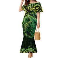 New Zealand Lizard Family Matching Mermaid Dress and Hawaiian Shirt Silver Fern Aotearoa Maori Green Version