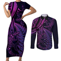 New Zealand Lizard Couples Matching Short Sleeve Bodycon Dress and Long Sleeve Button Shirt Silver Fern Aotearoa Maori Purple Version