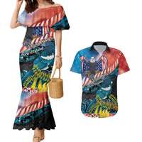 Personalised United States And New Zealand Couples Matching Mermaid Dress and Hawaiian Shirt USA Eagle With Kowhai Aotearoa Tui Bird LT14 Blue - Polynesian Pride