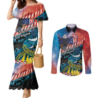 Personalised United States And New Zealand Couples Matching Mermaid Dress and Long Sleeve Button Shirt USA Eagle With Kowhai Aotearoa Tui Bird LT14 Blue - Polynesian Pride