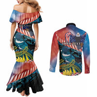 Personalised United States And New Zealand Couples Matching Mermaid Dress and Long Sleeve Button Shirt USA Eagle With Kowhai Aotearoa Tui Bird LT14 - Polynesian Pride
