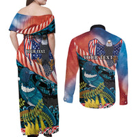 Personalised United States And New Zealand Couples Matching Off Shoulder Maxi Dress and Long Sleeve Button Shirt USA Eagle With Kowhai Aotearoa Tui Bird