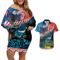 Personalised United States And New Zealand Couples Matching Off Shoulder Short Dress and Hawaiian Shirt USA Eagle With Kowhai Aotearoa Tui Bird